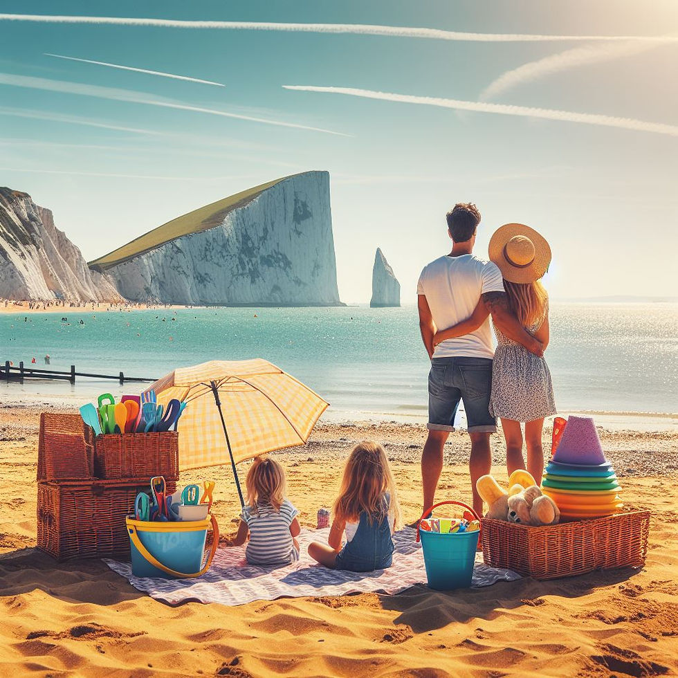 Holiday makers on beach looking at the sea