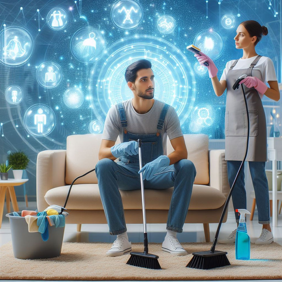 Man and woman carrying out a deep clean in a lounge