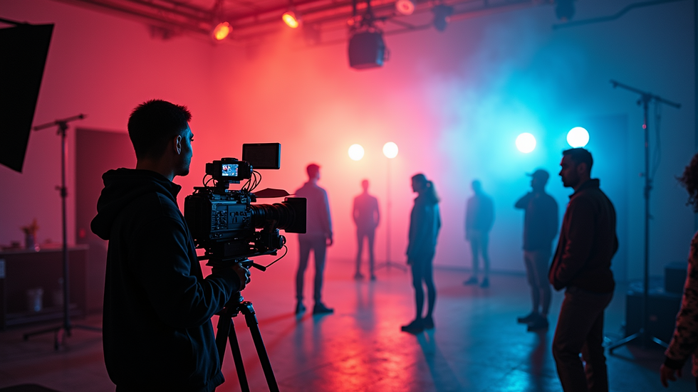 Eye-level view of a film set with vibrant lighting