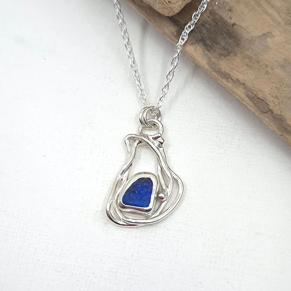 Cobalt blue Seaham sea glass in a handmade Argentium silver necklace