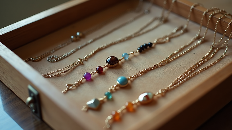 Eye-level view of a jewelry box with chakra necklaces neatly arranged