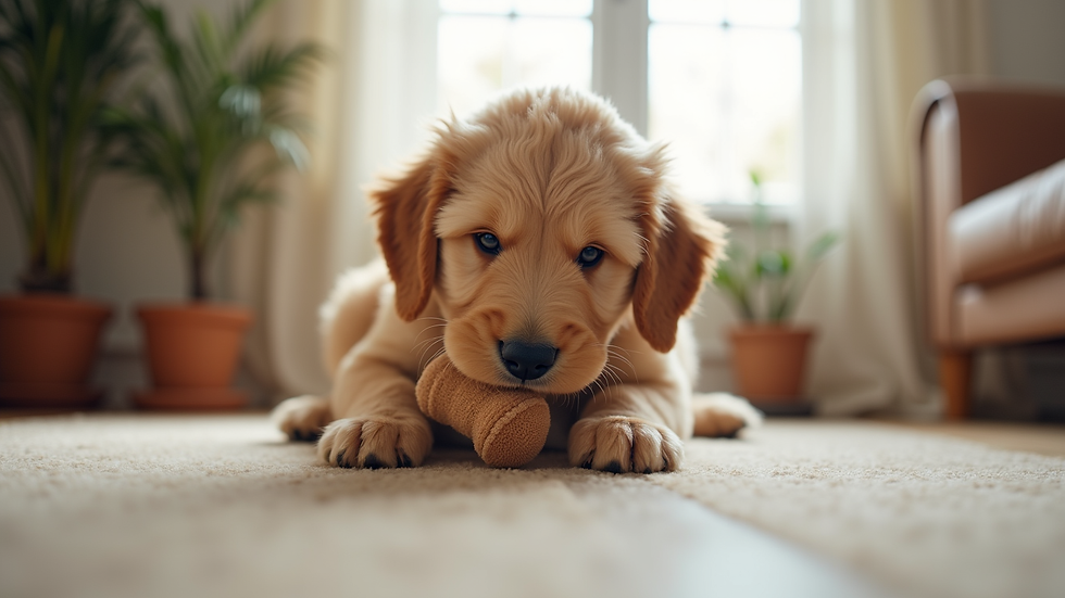 Eye-level view of a Golden Doodle puppy playing with a soft toy indoors