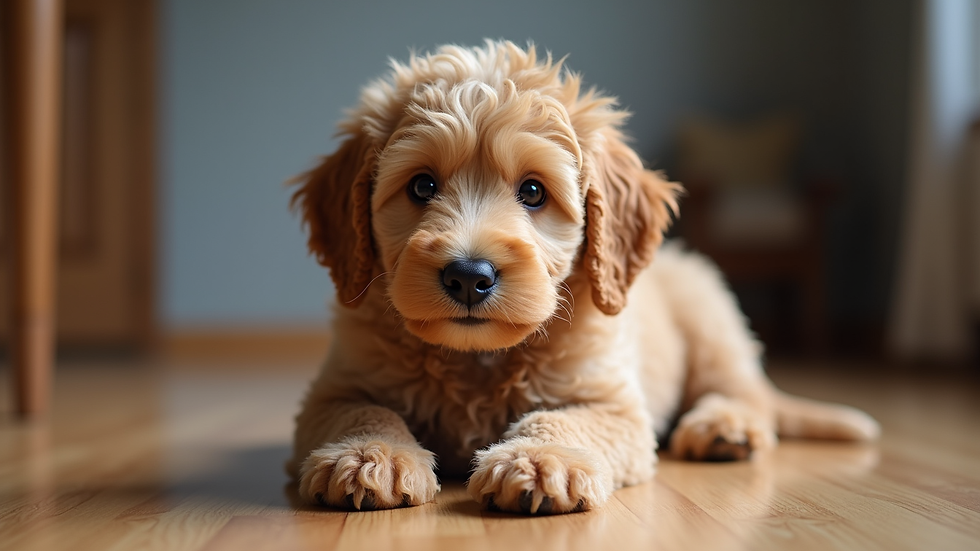 Eye-level view of a Golden Doodle puppy with a curly apricot coat sitting on a wooden floor