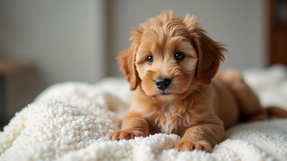 Close-up view of a fluffy Golden Doodle puppy sitting on a soft blanket