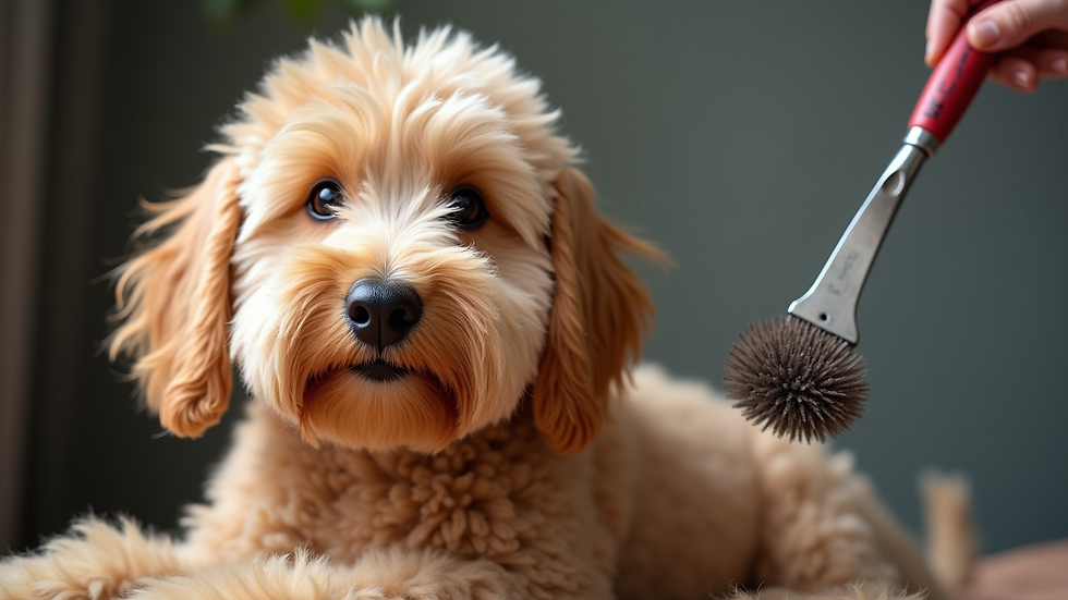 Close-up view of grooming tools and a fluffy Golden Doodle coat