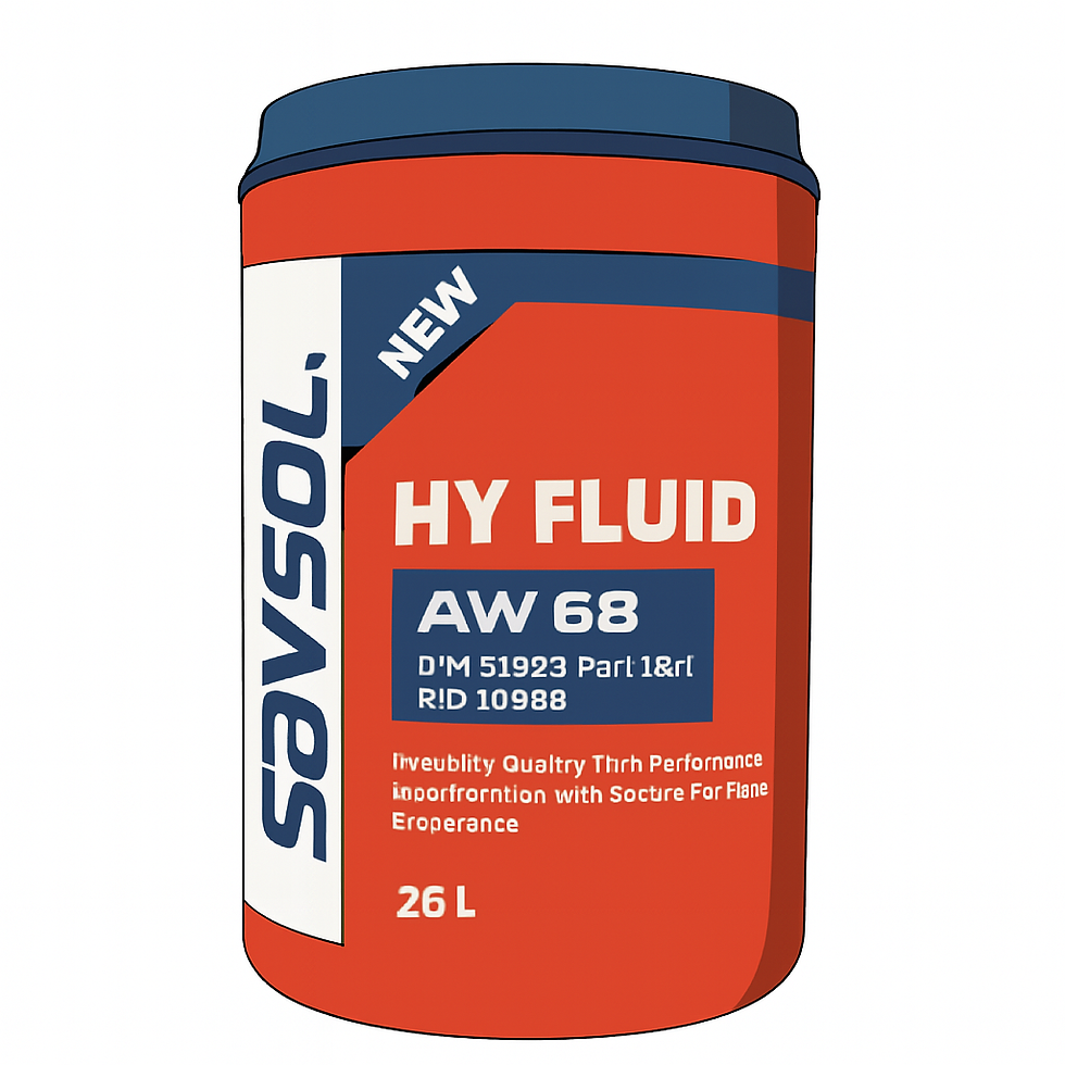 SAVSOL HY FLUID AW 68 hydraulic oil container 26L red industrial drum with blue lid and white label. Features DIN 51524