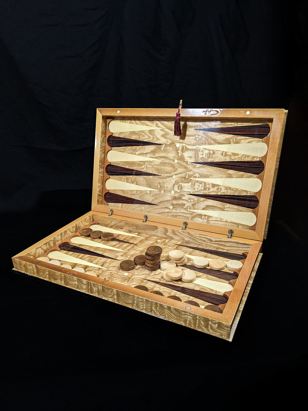 Thumbnail: Folding inlaid poplar burl backgammon set, naturally colored with ribbon inlay