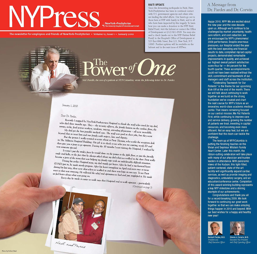 Cover page of the January 2010 edition of NYPress. My letter was featured on the front page with a picture of Dr. Pardes, the hospital president reading the letter.