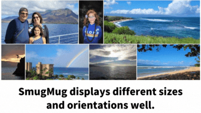 Gif. Image #1 Layout of images of different sizes and orientations. Text "SmugMug displays different sizes and orientations well. Image #2 Six photos shown in landscape at the same aspect ratio. Text "Squarespace displayed all photos in landscape view, using the same ratio."