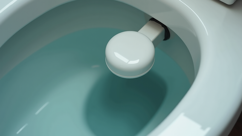 Close-up view of toilet tank components showing flapper and float