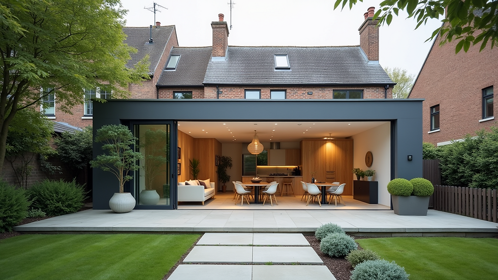 Eye-level view of a modern home extension with large glass doors