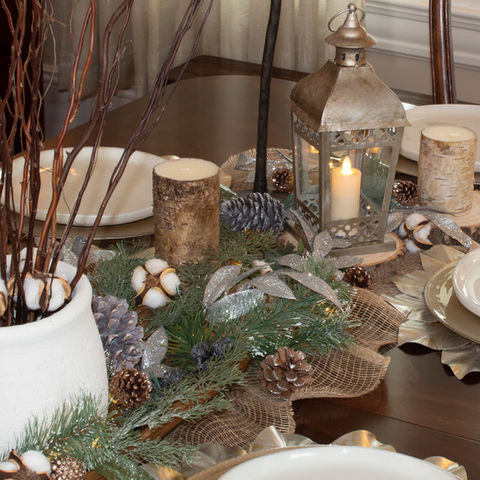 winter table scape evergreen silver leaf birch bark pine cone
