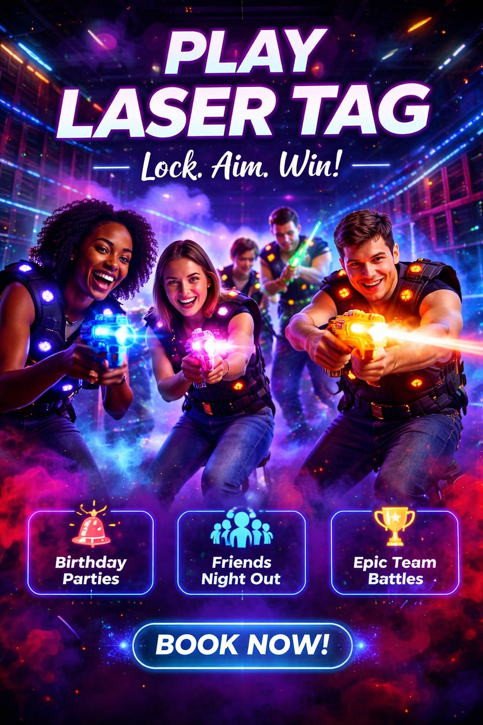People playing laser tag, smiling and aiming blasters in a neon-lit arena. Text: "Play Laser Tag", "Book Now!". Exciting and fun mood.