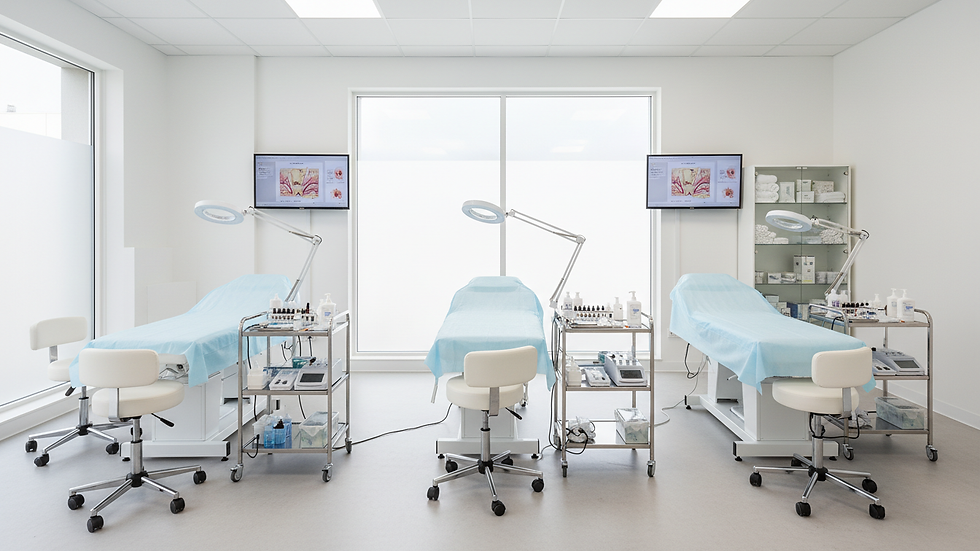 Eye-level view of a training room with microneedling equipment set up