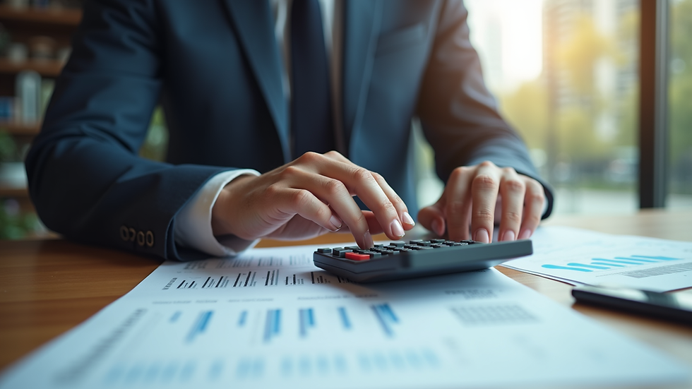 Eye-level view of a small business owner reviewing financial documents with a calculator