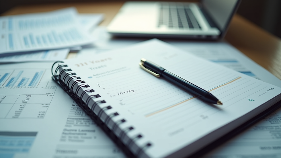 High angle view of a notebook and pen on a desk with financial documents