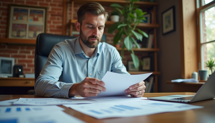 Eye-level view of a small business owner reviewing financial documents in a cozy Greenville office