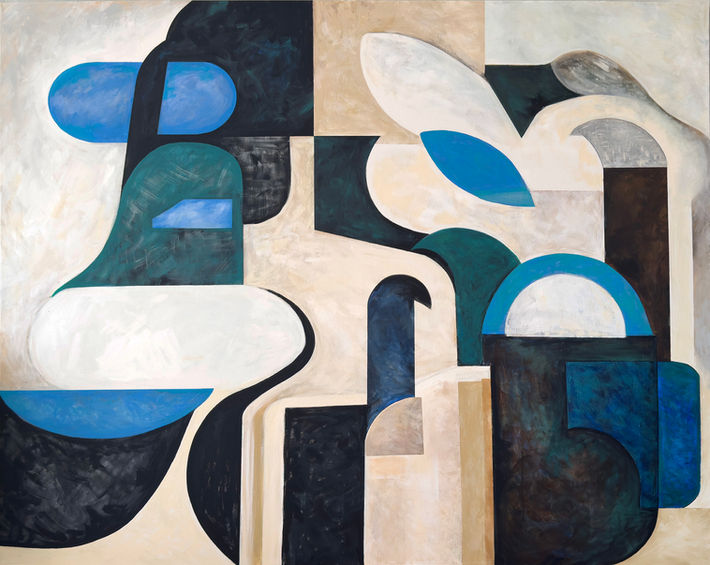 Abstract art painting, blue and beige forms