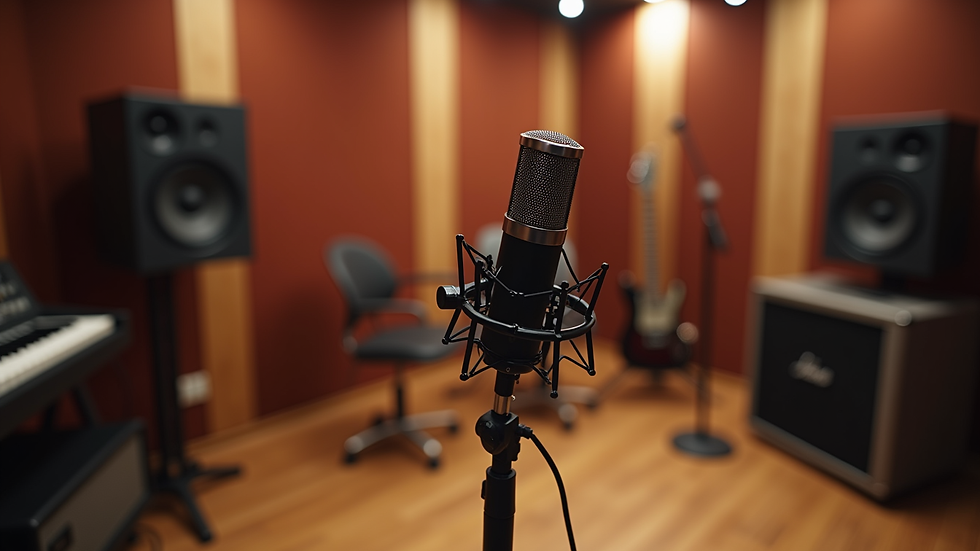 Eye-level view of a recording studio with a microphone and soundproof walls