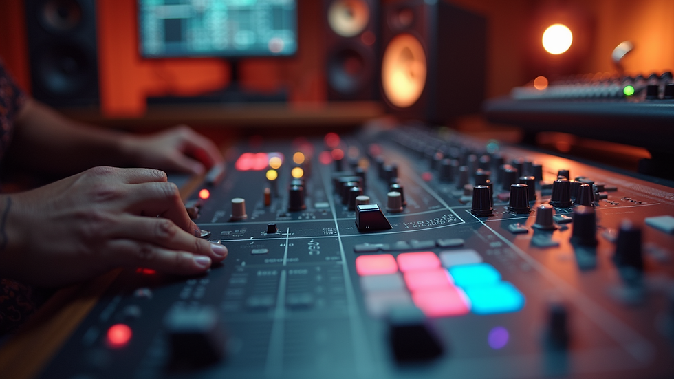 Close-up view of a music producer's mixing console in a studio