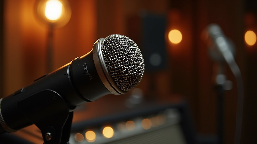 Close-up view of a vintage microphone in a dimly lit recording studio