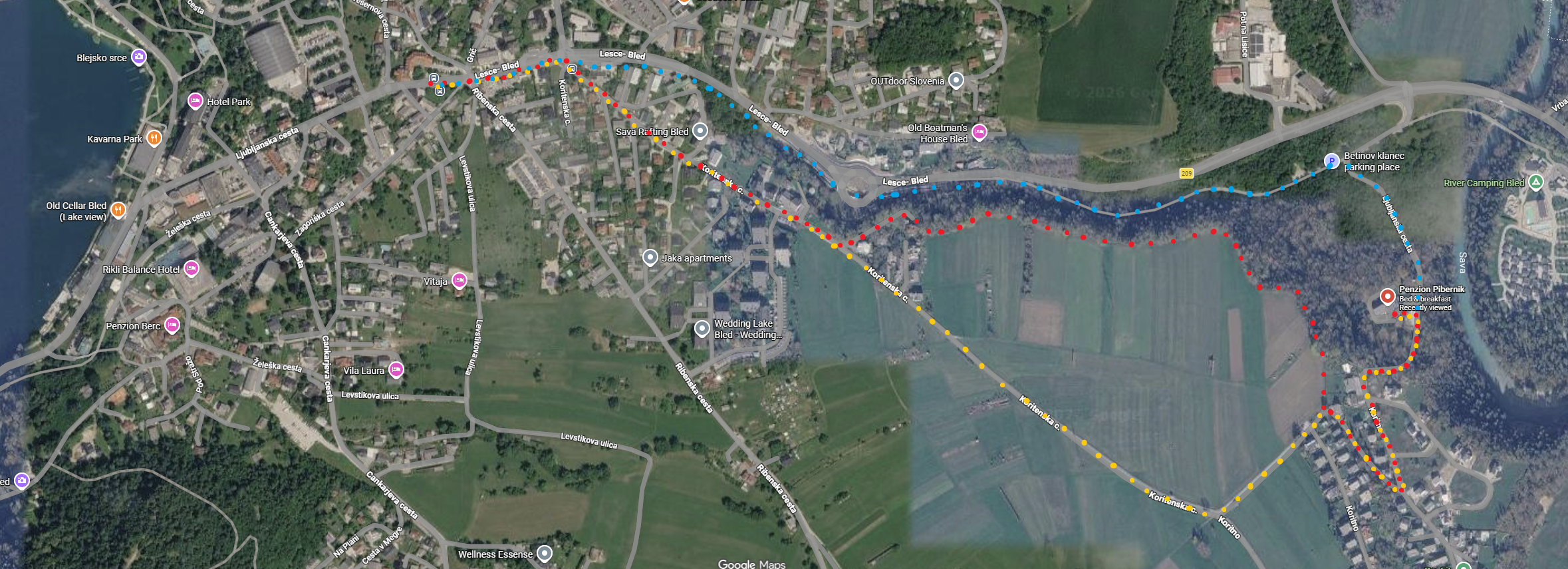 Recommended walking route to Bled