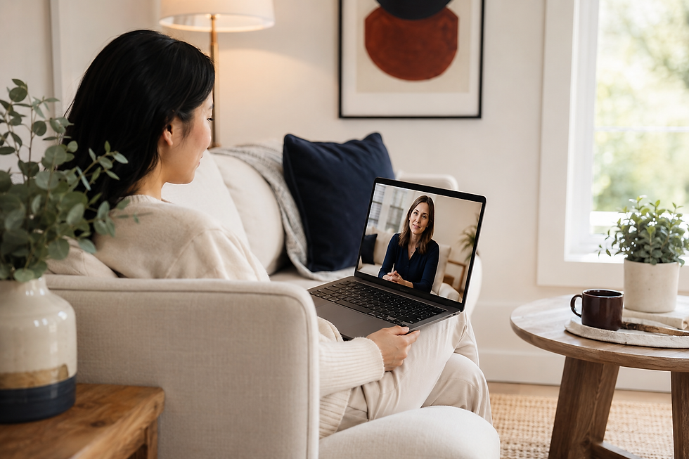 Woman on laptop having a video call on a sofa