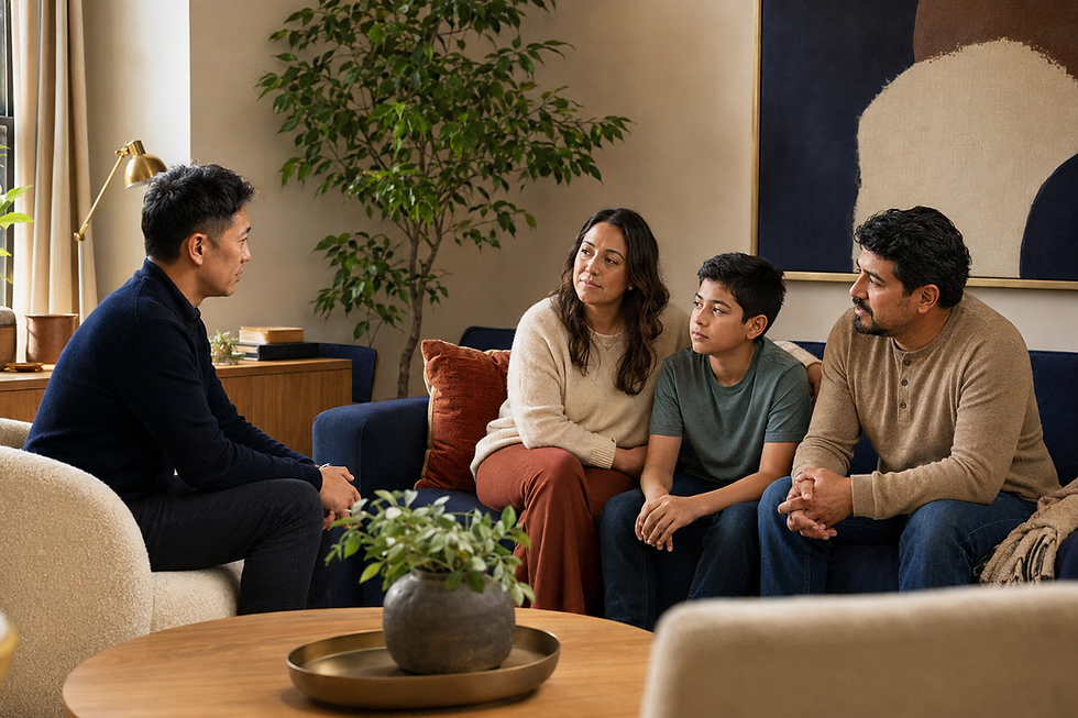 Family meeting with a professional advisor in a living room