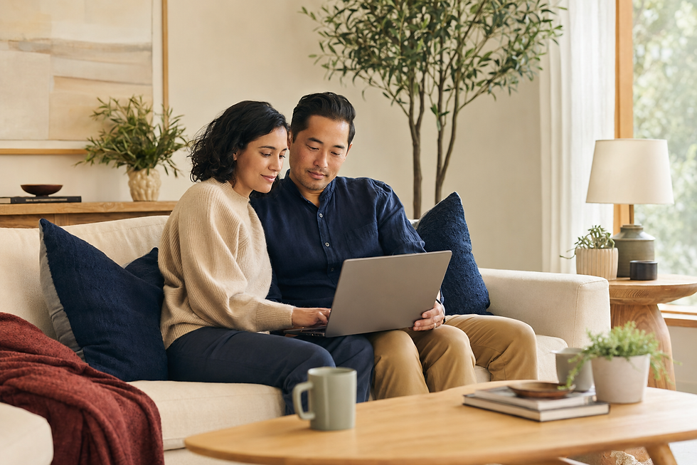 Couple sitting on a sofa looking at a laptop together.