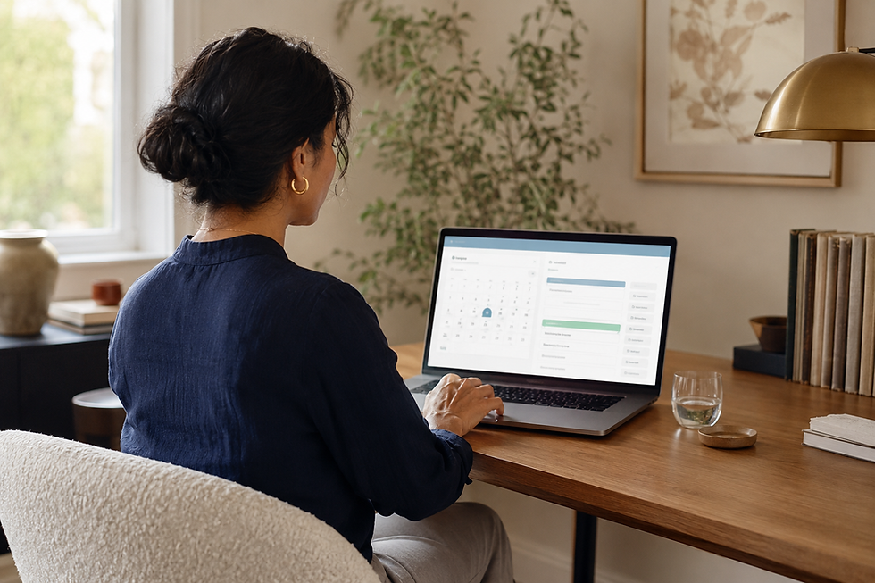 Woman using a laptop to view a calendar on a desk