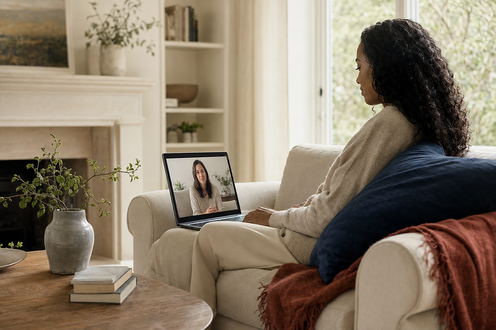 Woman on a video call in a cozy living room.
