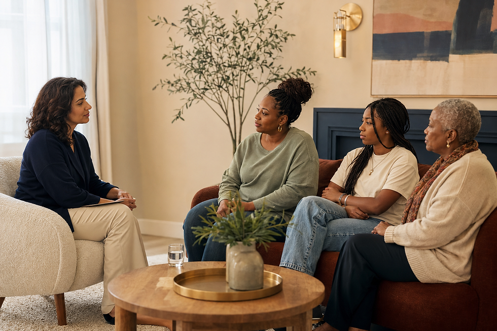 Therapist in a session with three women on a sofa.