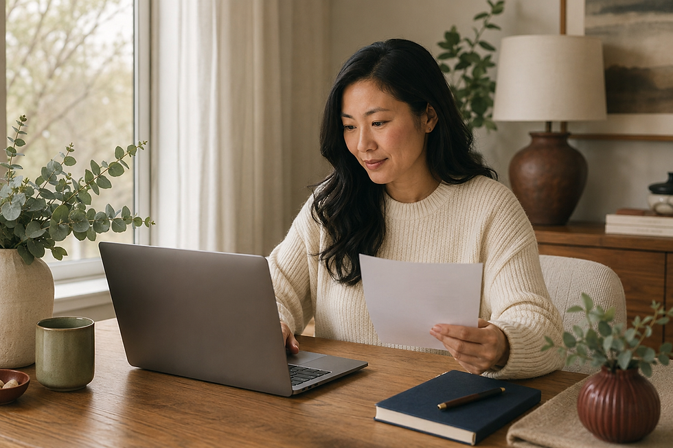 Woman at desk reviewing paper and laptop for FAQ