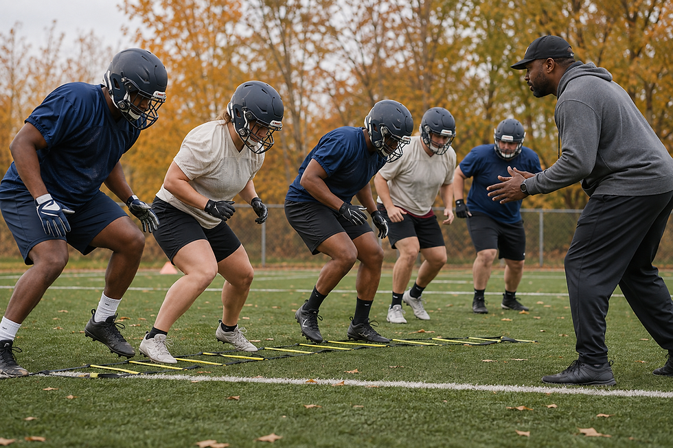Coach training athletes during football agility drills.