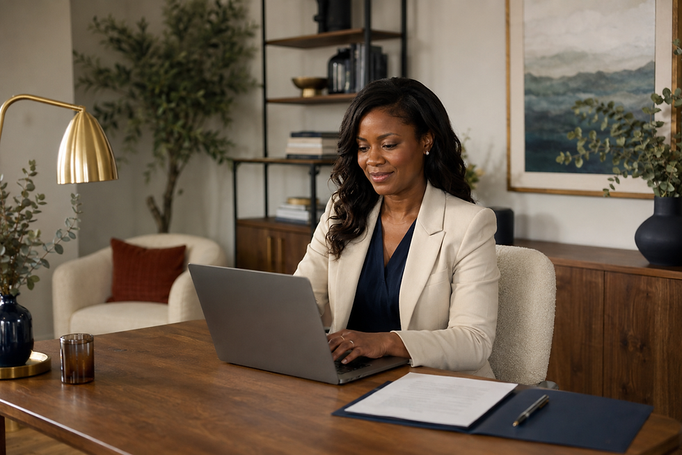 Professional woman working on a laptop at a home office.