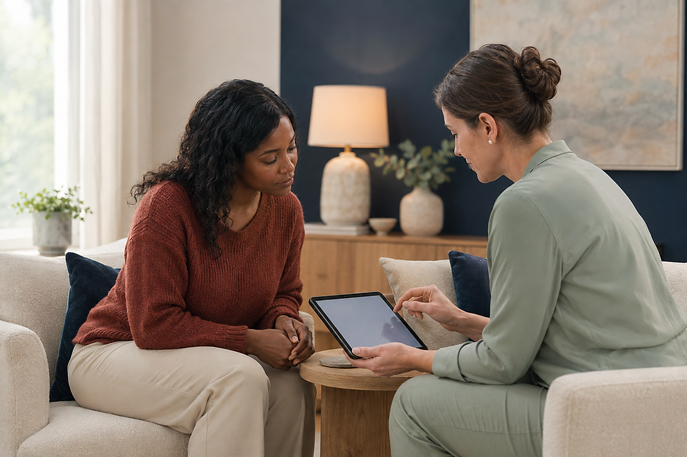 Two women discussing information on a tablet in a living room