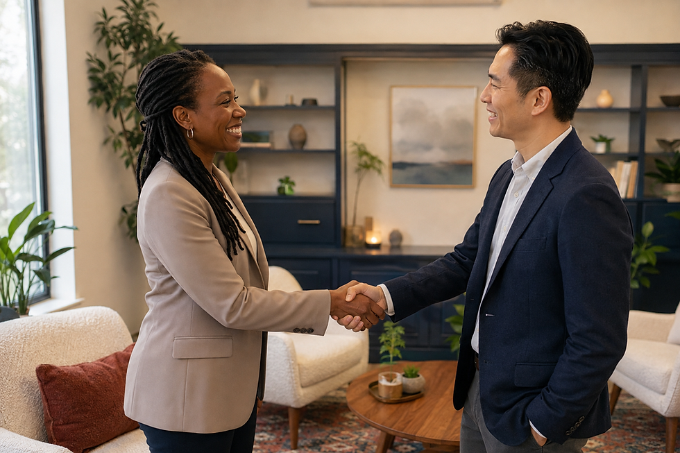 Professionals shaking hands in a modern office lounge.