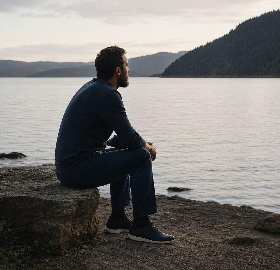 Man sitting on a rock looking at a lake and mountains