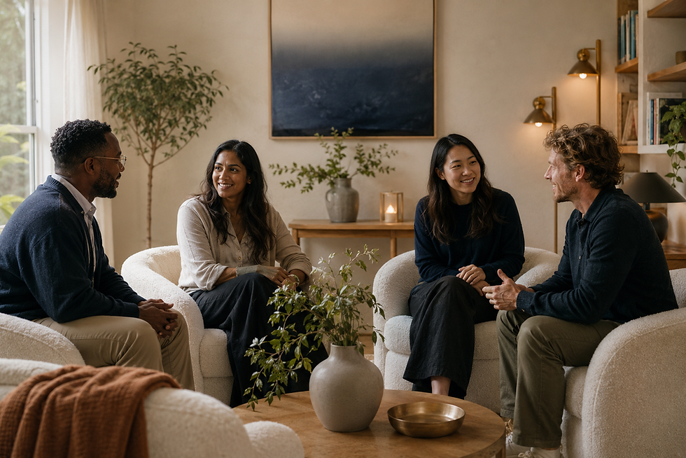 Four people talking in a cozy living room lounge.