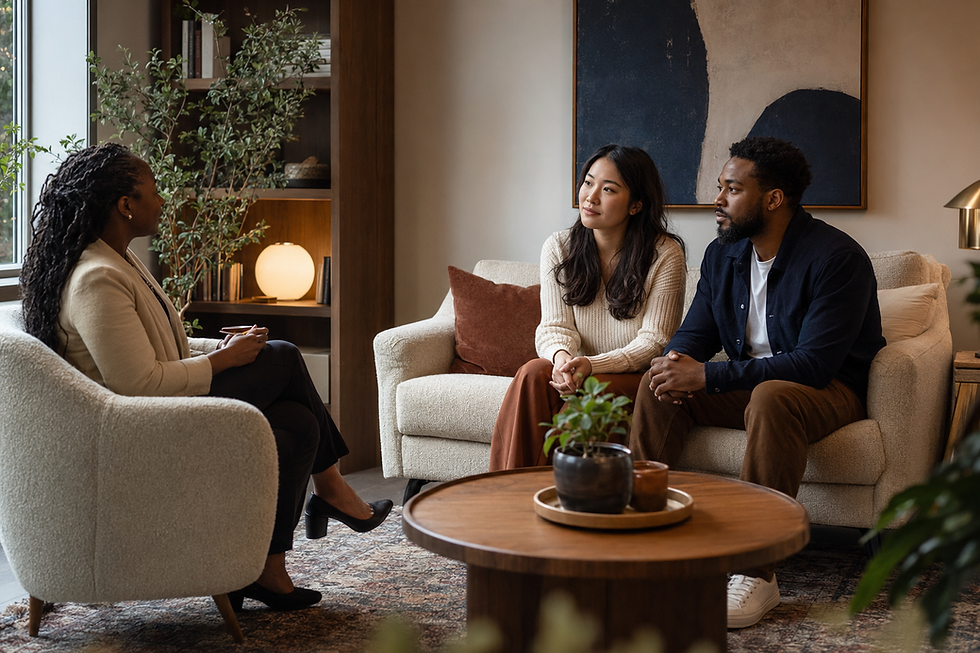 Couple discussing with a therapist in a cozy office.