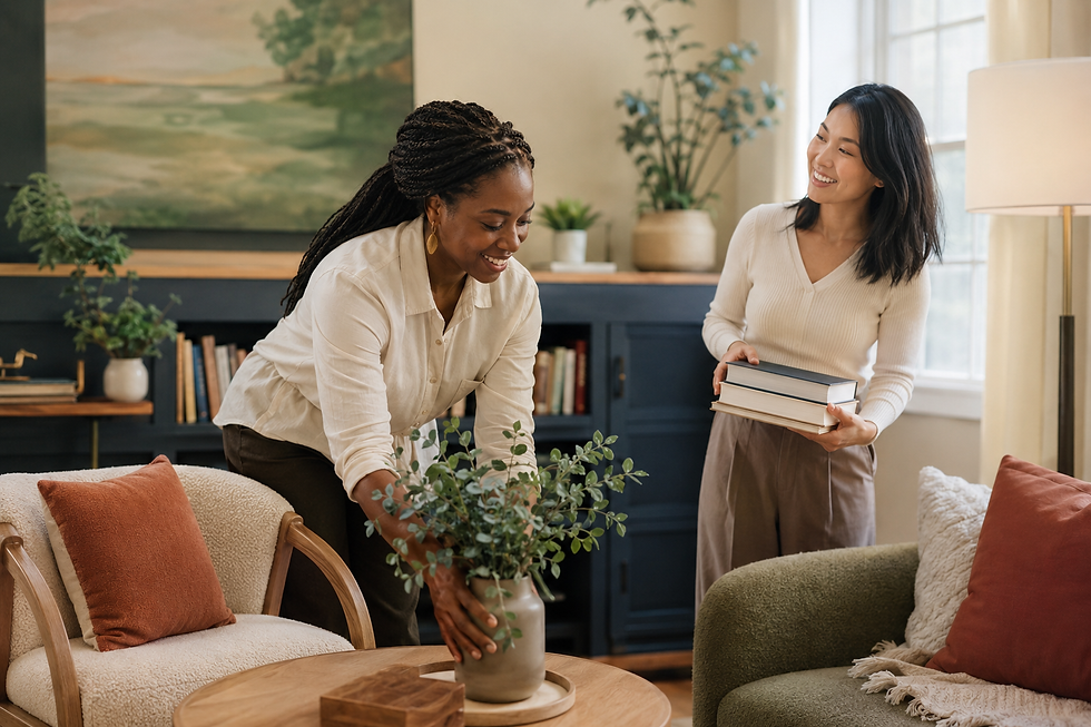 Two women smile while arranging a home living room.