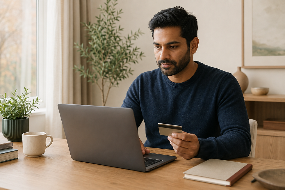 Man holding credit card while using laptop