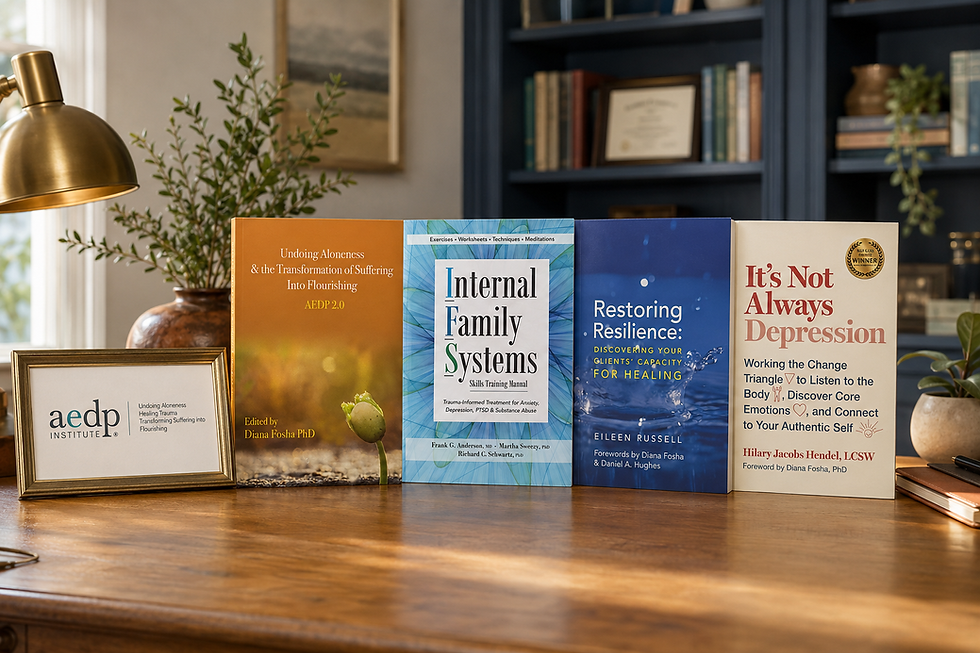 Internal Family Systems and AEDP psychology books on a desk.