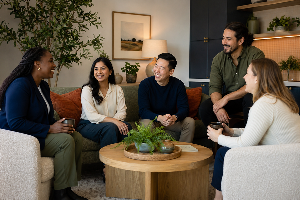 Diverse group of friends talking and laughing in a lounge