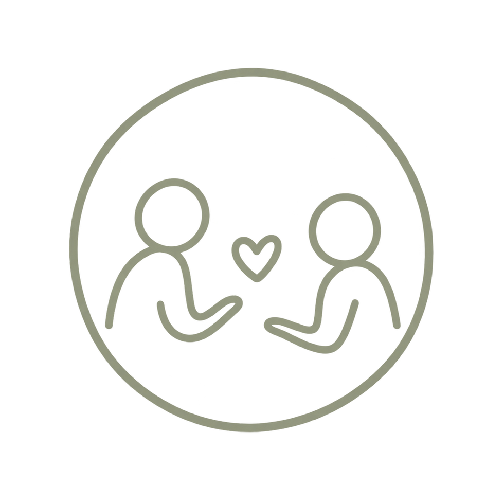 Icon representing connection and care with two figures and a heart.