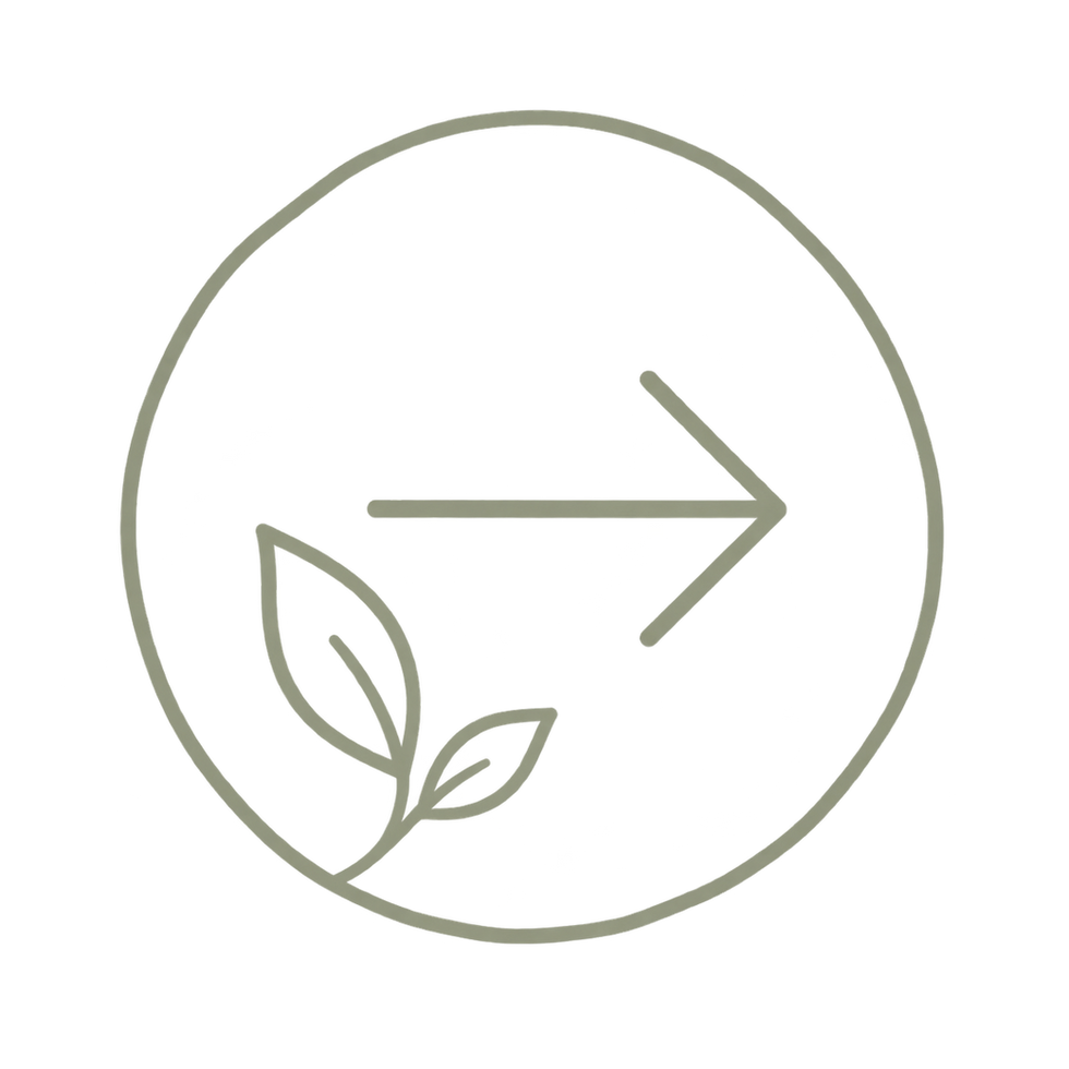 Icon of a right-pointing arrow with two leaves in a circle