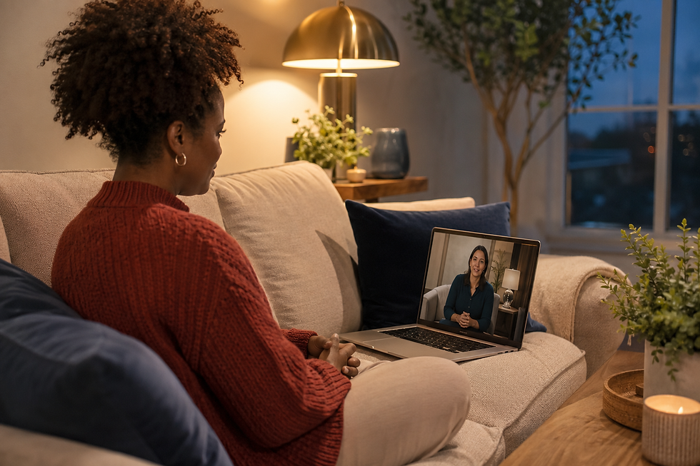 Woman on a laptop video call from her living room couch.
