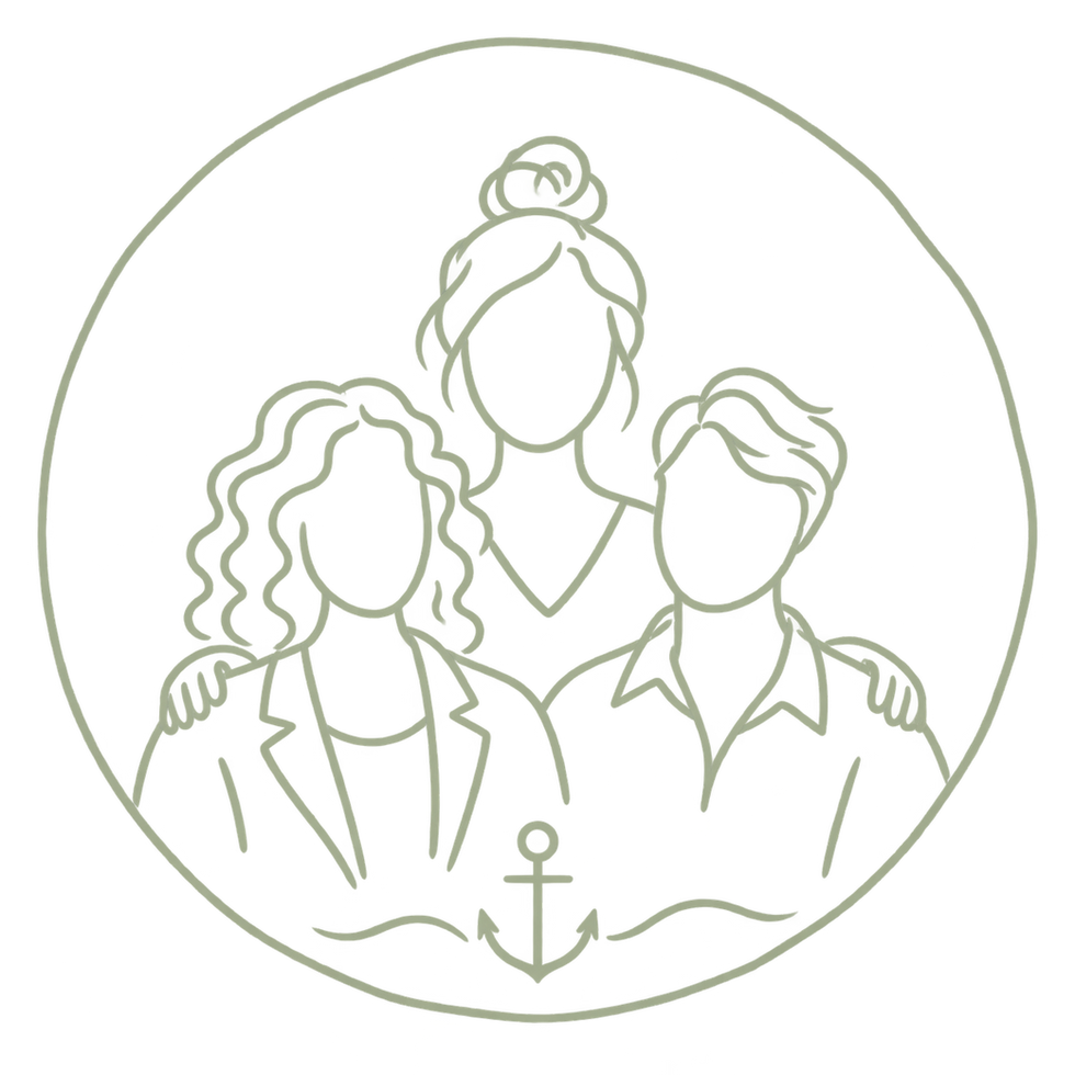 Line art of three people in a circle with an anchor.