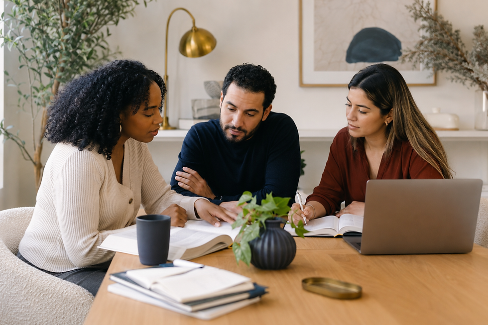 Three colleagues discussing documents at a table