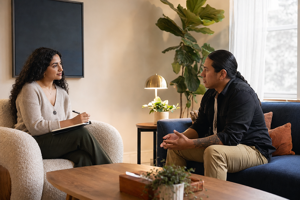 Therapist taking notes during a session with a client.
